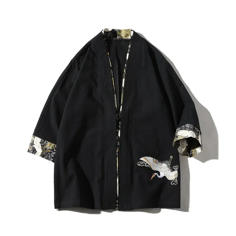 Flying Crane Embroidery Linen Kimono Jacket and Pants Set