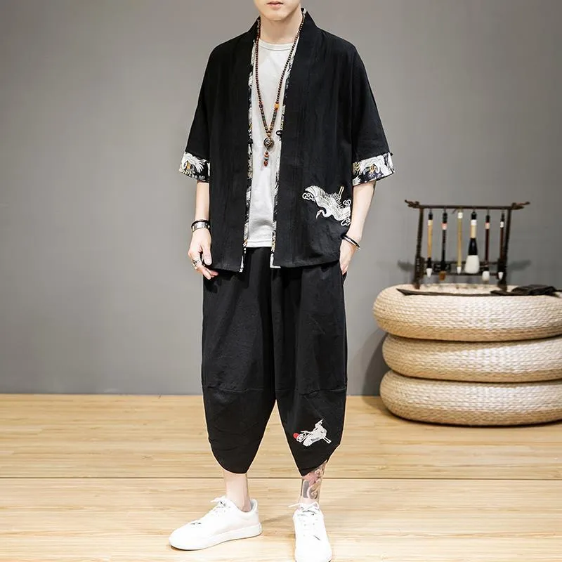 Flying Crane Embroidery Linen Kimono Jacket and Pants Set