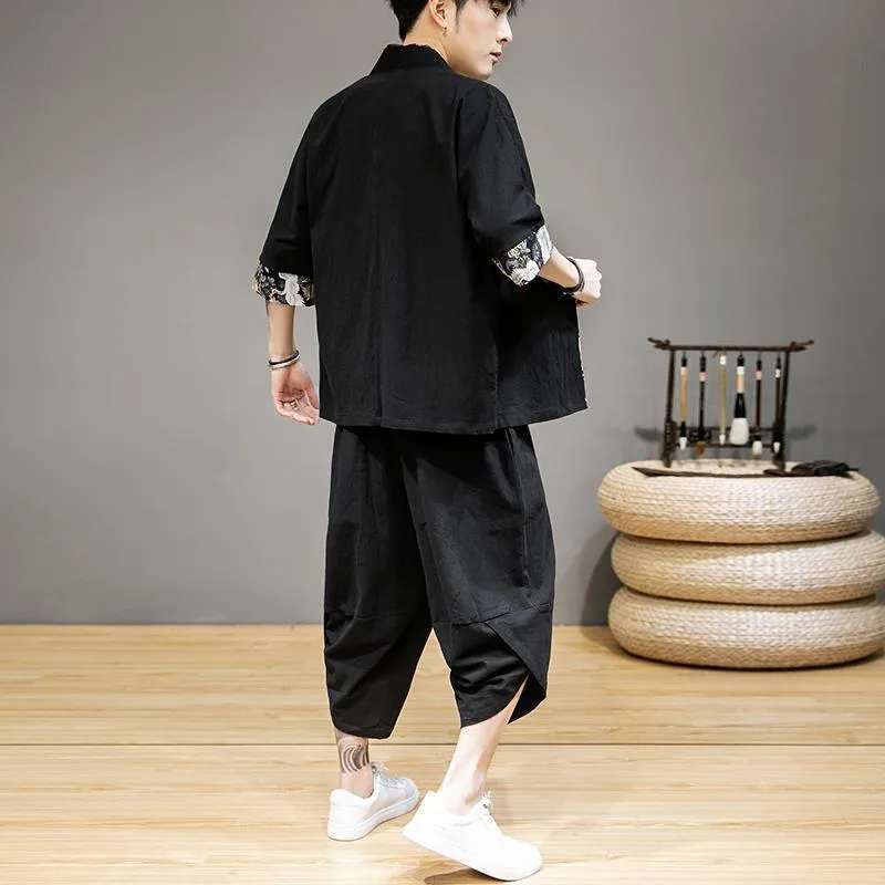 Flying Crane Embroidery Linen Kimono Jacket and Pants Set