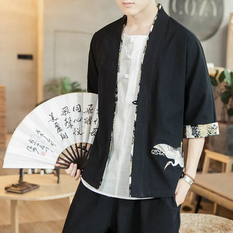 Flying Crane Embroidery Linen Kimono Jacket and Pants Set