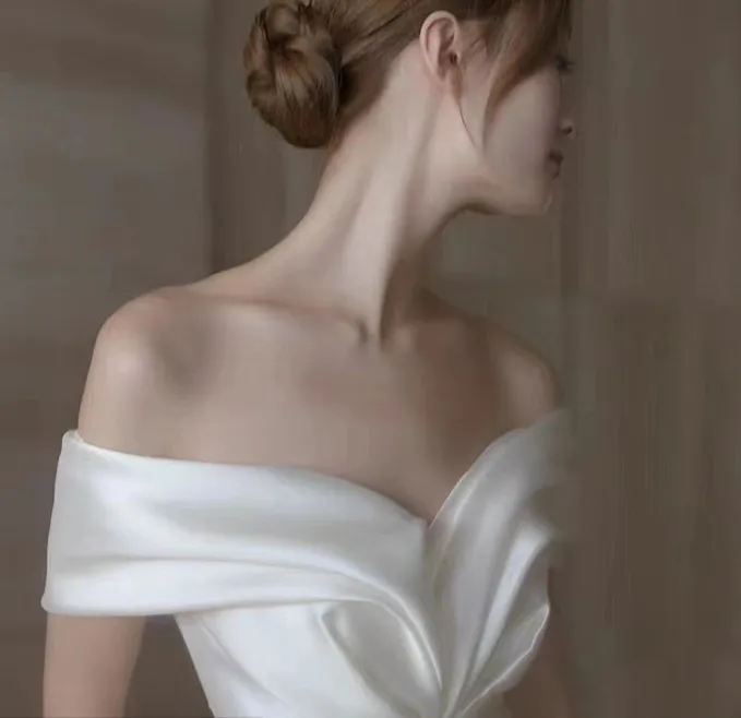 French satin light wedding dress 2022 new fishtail goout gauze white simple slimming sexy one shoulder evening dress