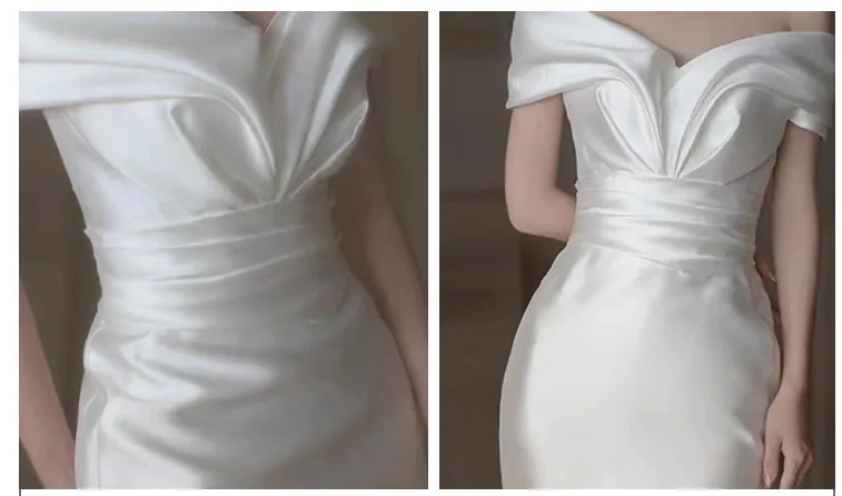 French satin light wedding dress 2022 new fishtail goout gauze white simple slimming sexy one shoulder evening dress
