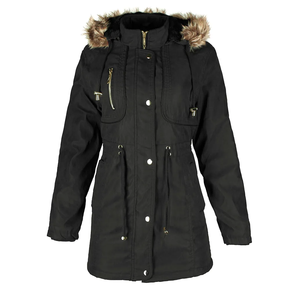 Han Ton Women's Three Quarter Length Sherpa Lined Detachable Hood Jacket