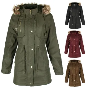 Han Ton Women's Three Quarter Length Sherpa Lined Detachable Hood Jacket