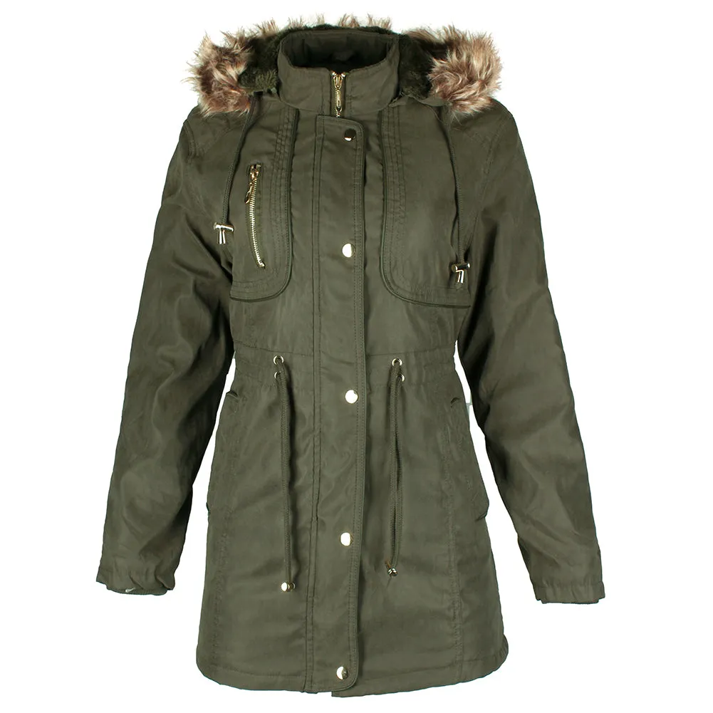 Han Ton Women's Three Quarter Length Sherpa Lined Detachable Hood Jacket
