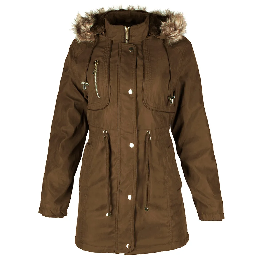 Han Ton Women's Three Quarter Length Sherpa Lined Detachable Hood Jacket
