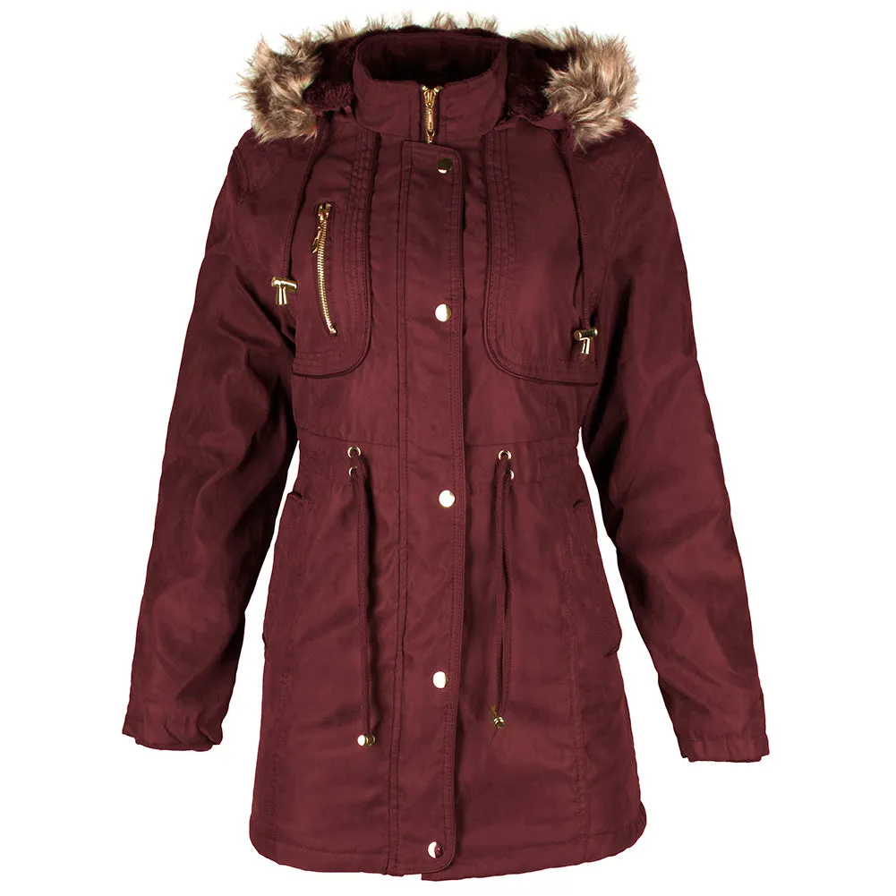 Han Ton Women's Three Quarter Length Sherpa Lined Detachable Hood Jacket