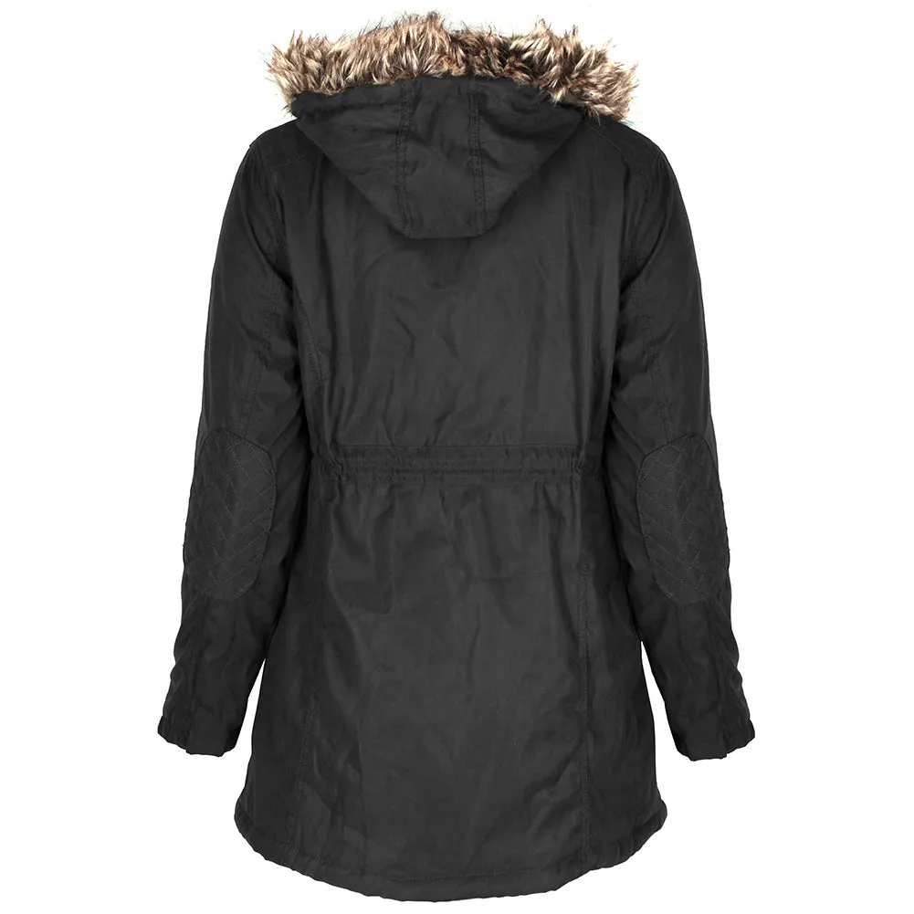 Han Ton Women's Three Quarter Length Sherpa Lined Detachable Hood Jacket