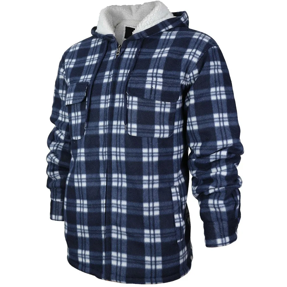 HanTon Men's 2 Pocket Sherpa Heavyweight Hooded Fleece Flannel Plaid Jacket