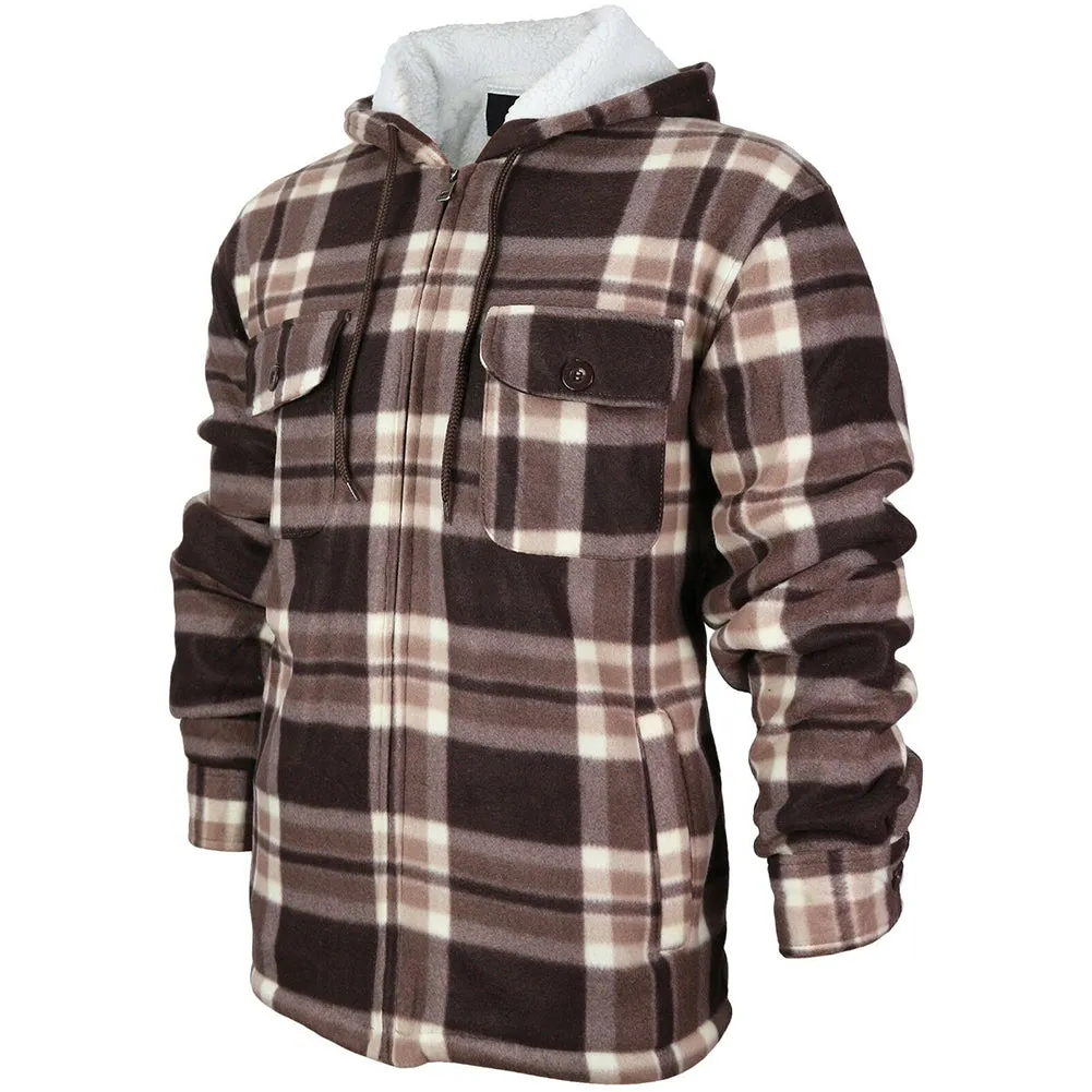 HanTon Men's 2 Pocket Sherpa Heavyweight Hooded Fleece Flannel Plaid Jacket