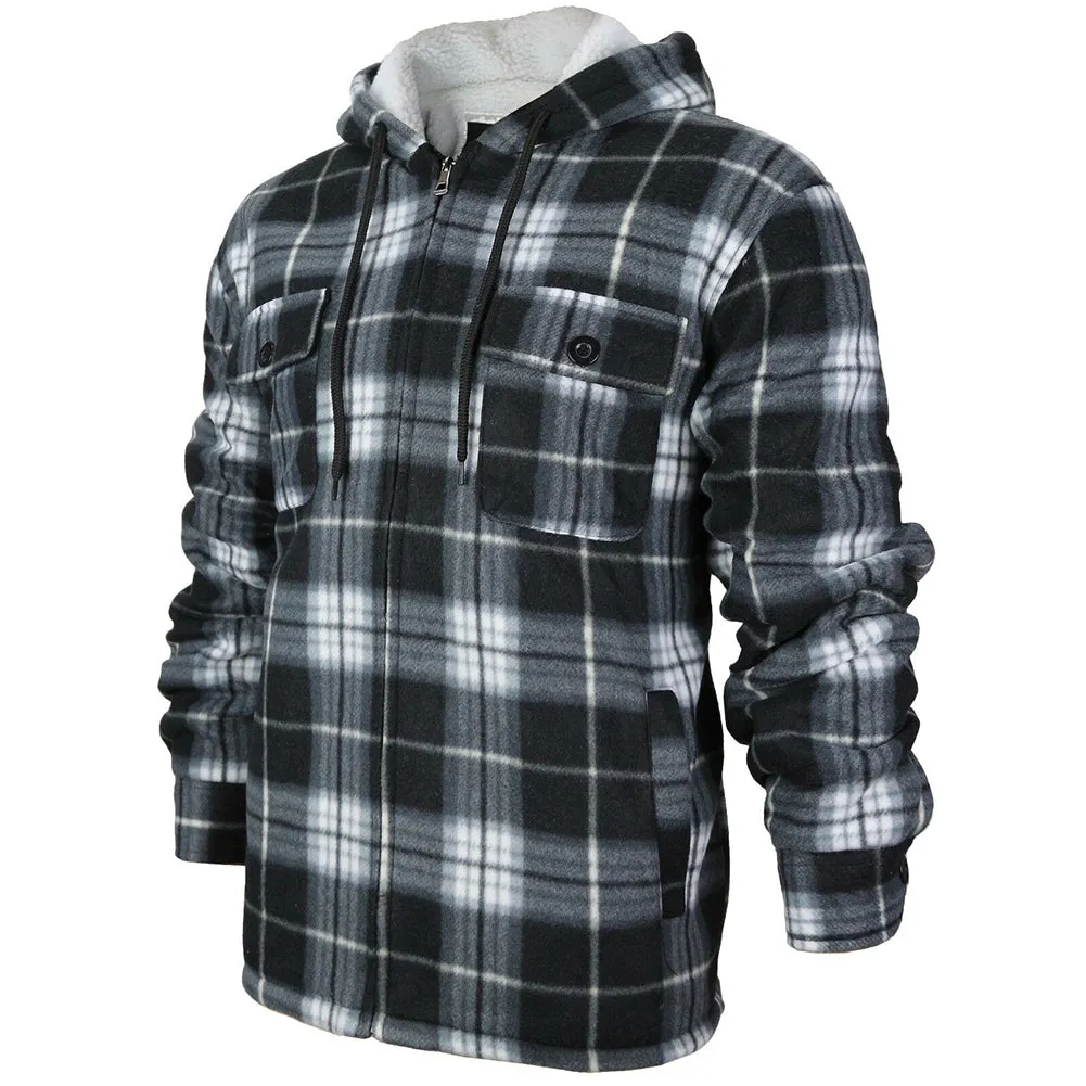 HanTon Men's 2 Pocket Sherpa Heavyweight Hooded Fleece Flannel Plaid Jacket