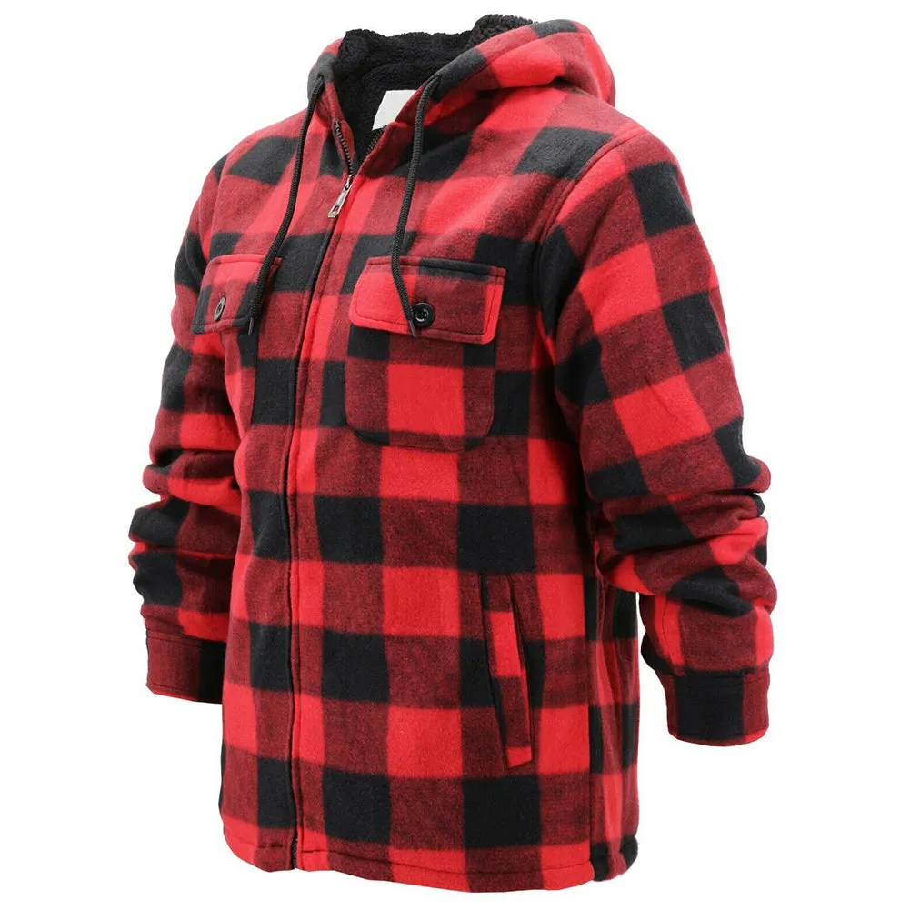 HanTon Men's 2 Pocket Sherpa Heavyweight Hooded Fleece Flannel Plaid Jacket