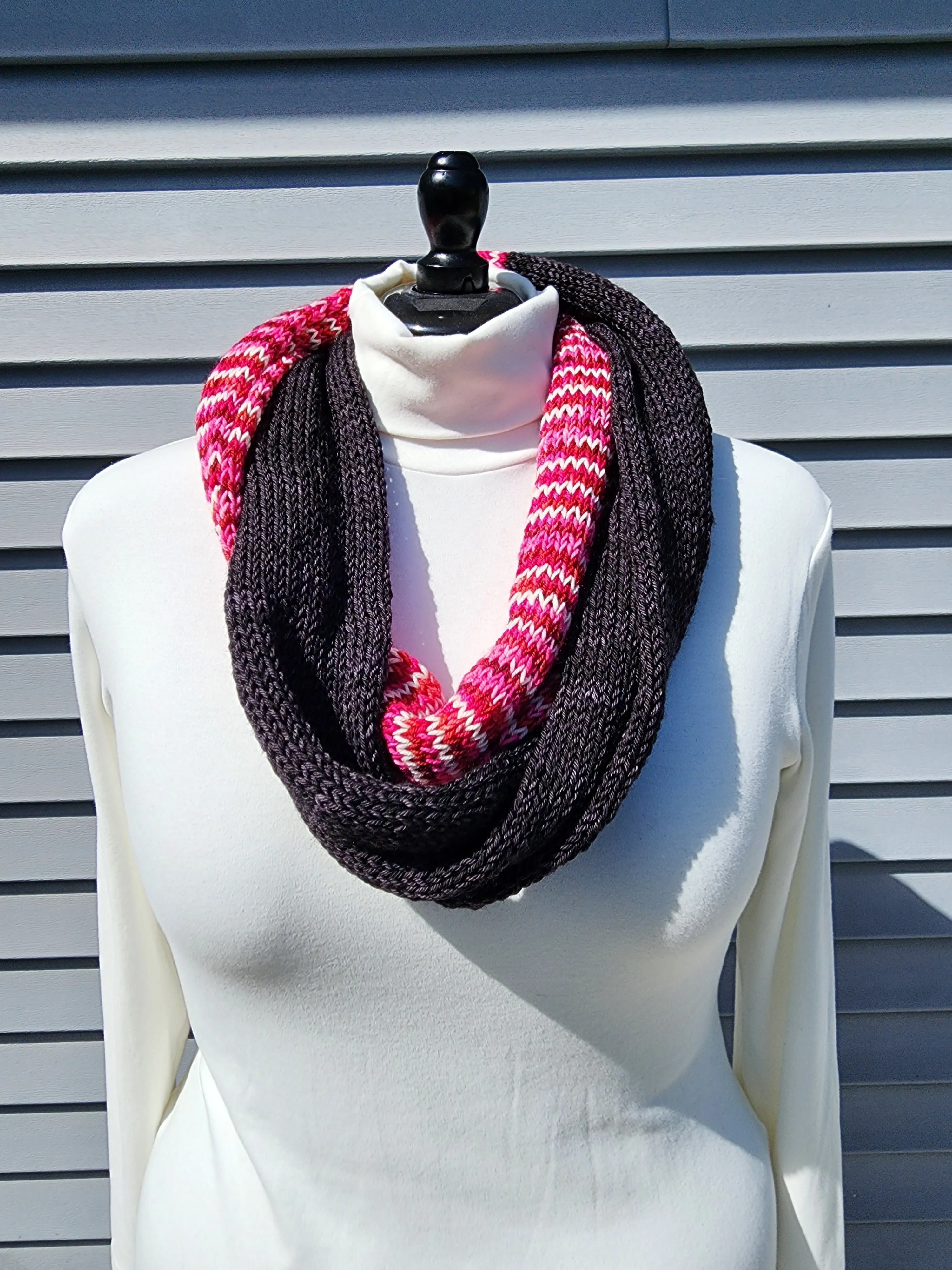 Infinity Scarf - Black with Variegated Pink, Red, White