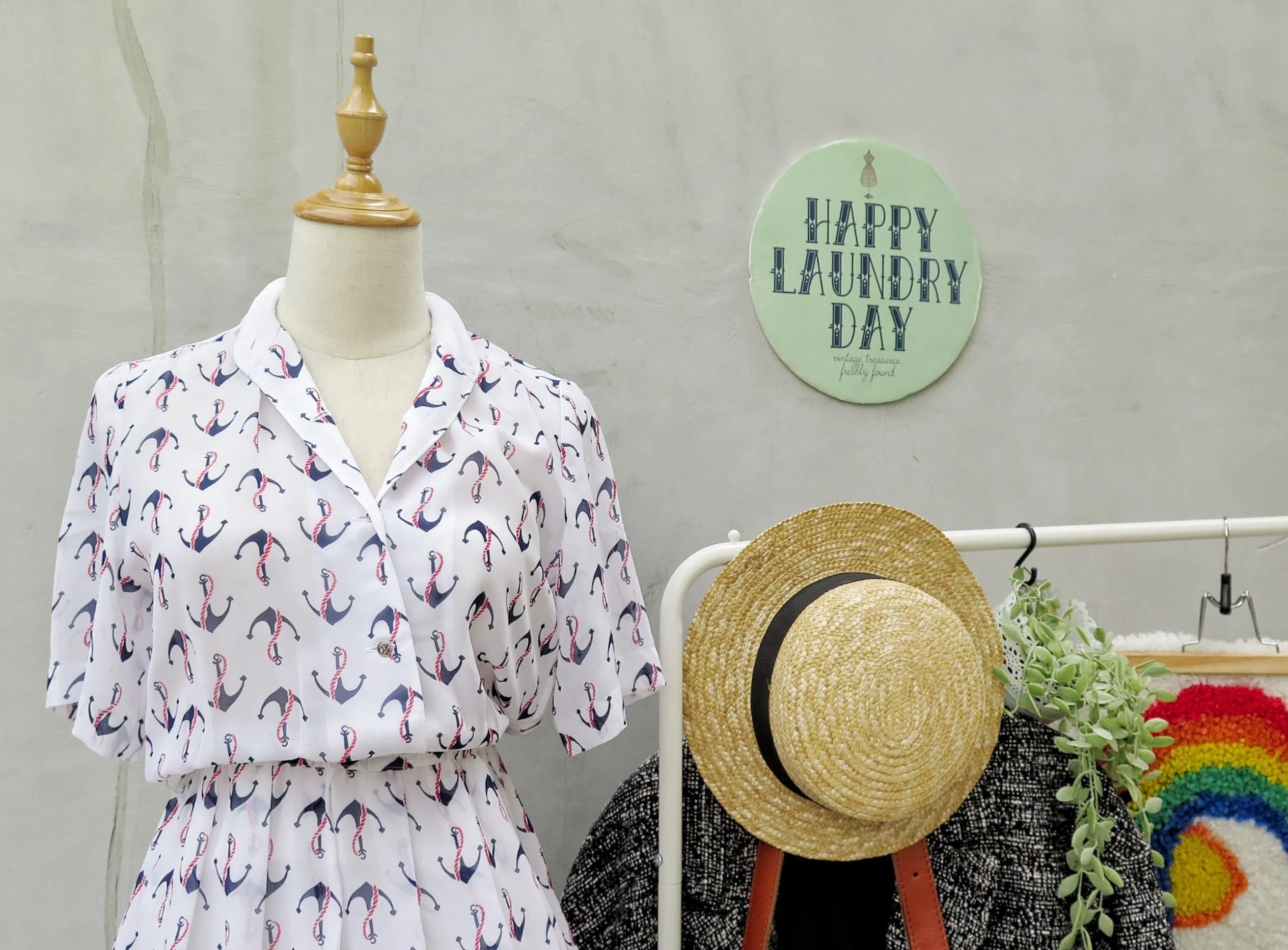 Karin | Vintage 1960s 1970s Anchor print nautical sailor theme Mandarin collar Midi Dress