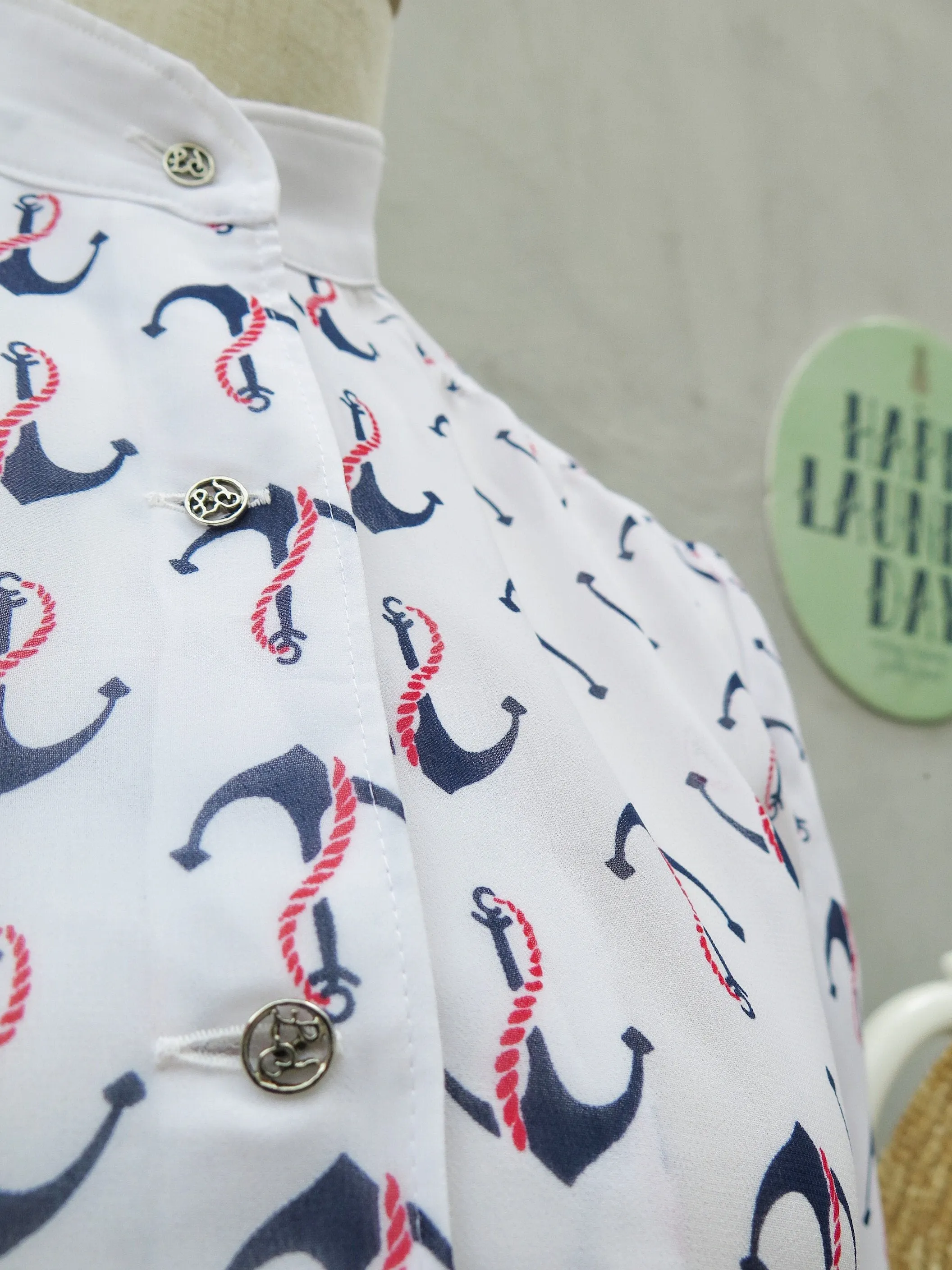 Karin | Vintage 1960s 1970s Anchor print nautical sailor theme Mandarin collar Midi Dress