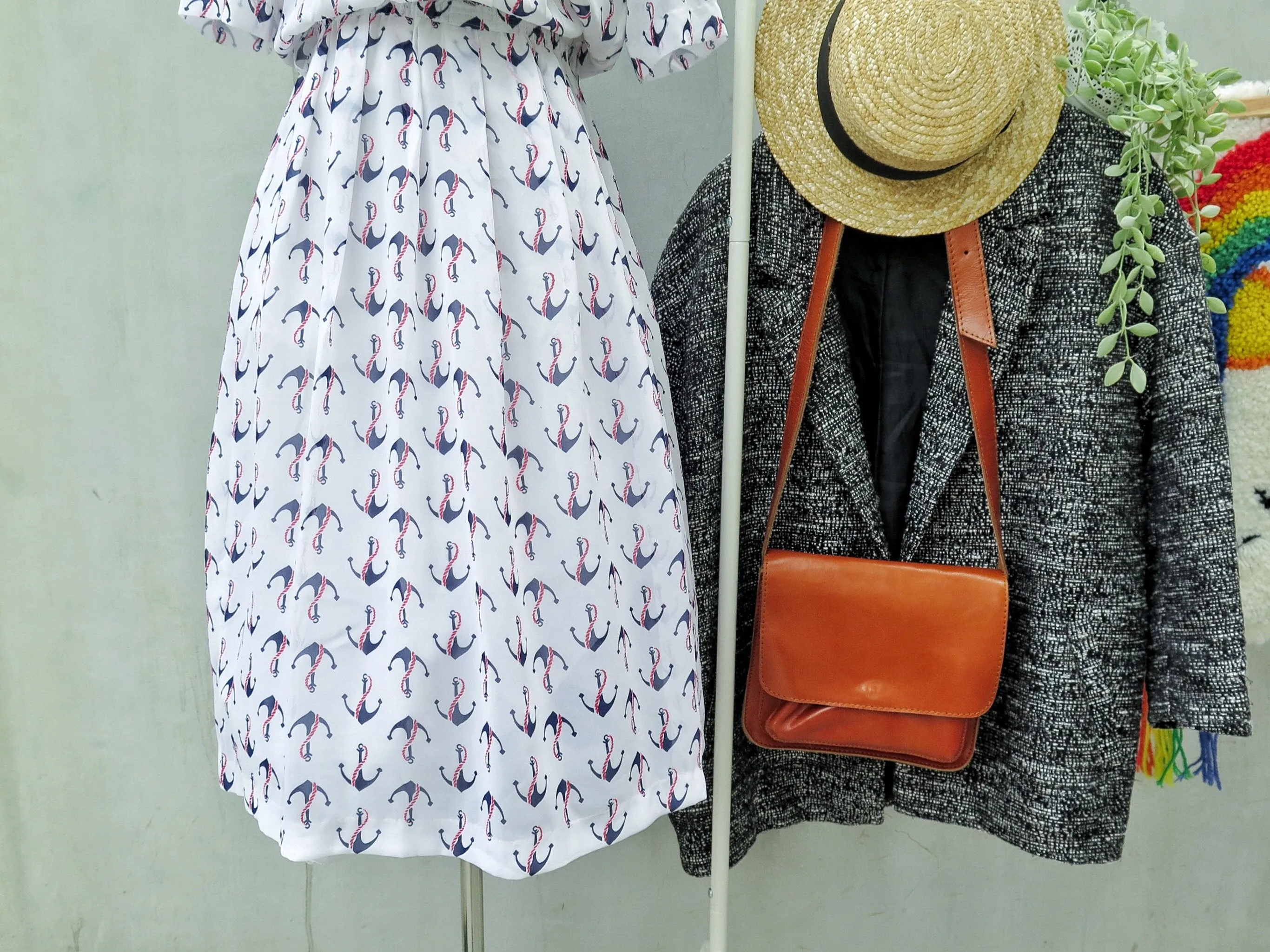 Karin | Vintage 1960s 1970s Anchor print nautical sailor theme Mandarin collar Midi Dress