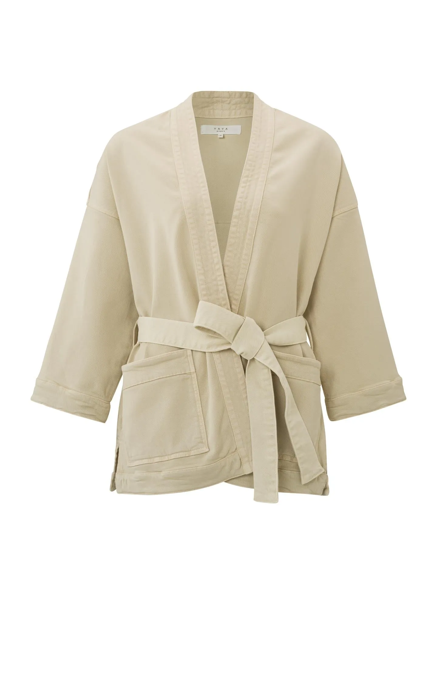 Kimono denim jacket with 7/8 sleeves, waistband and pockets