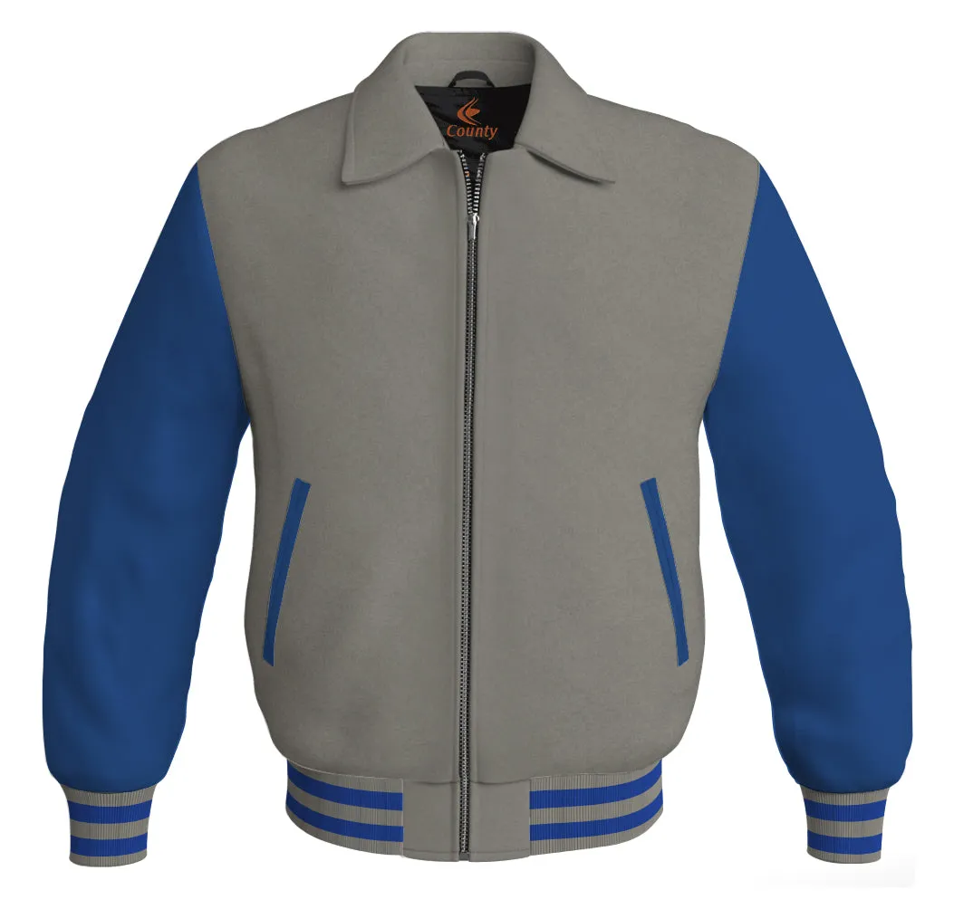 Luxury Bomber Classic Jacket Gray Body and Blue Leather Sleeves