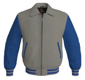 Luxury Bomber Classic Jacket Gray Body and Blue Leather Sleeves