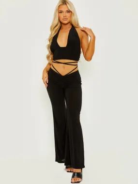Micia Slinky Ruched Tie Waist Wide Leg Trousers In Black
