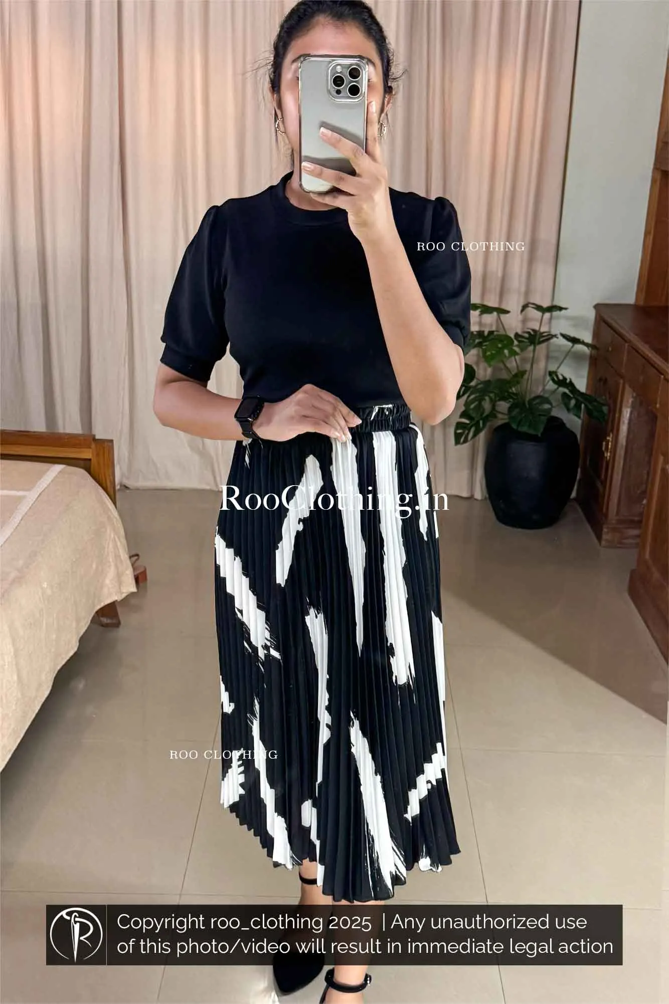 Monochrome Abstract Accordion Pleated Skirt Only