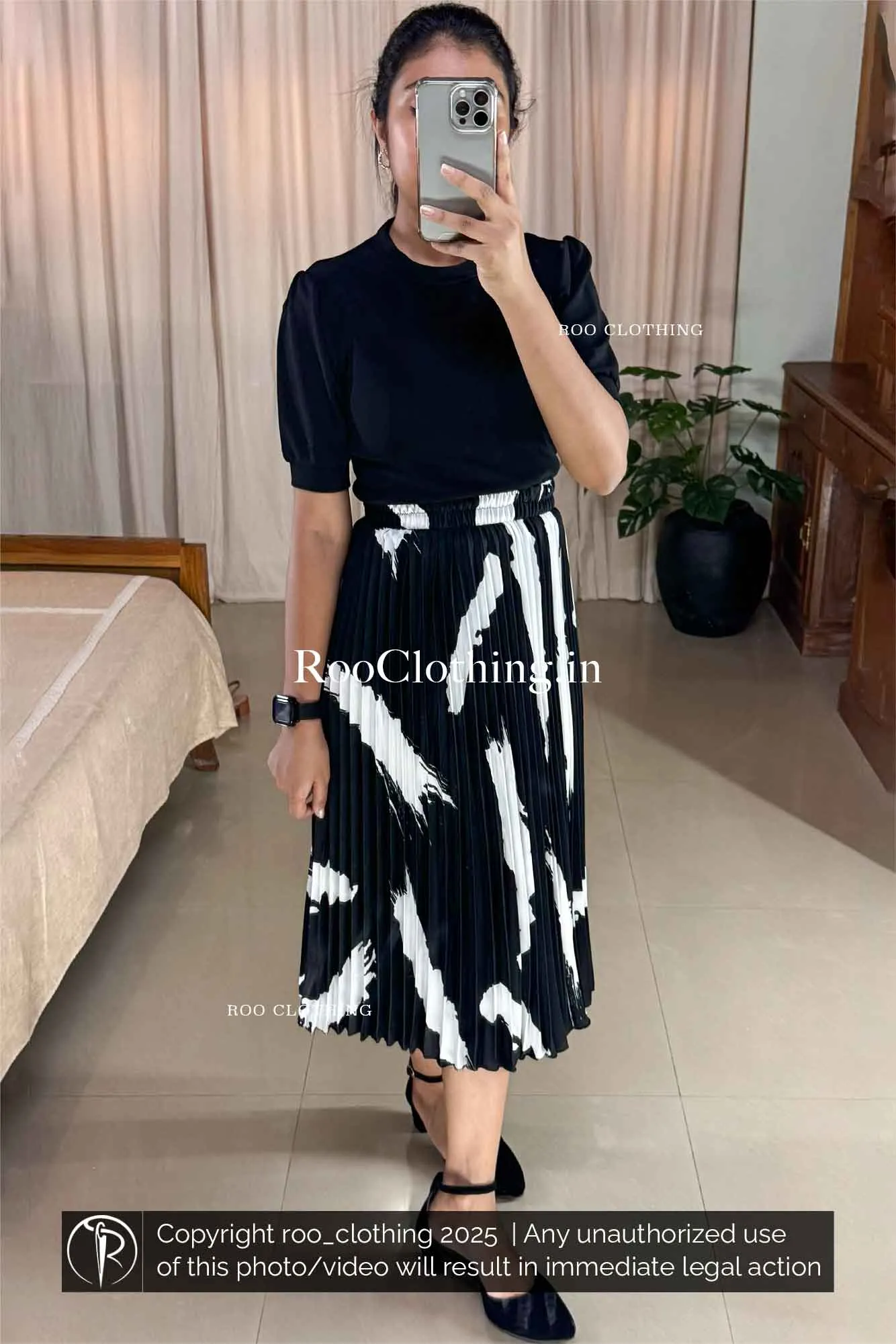 Monochrome Abstract Accordion Pleated Skirt Only