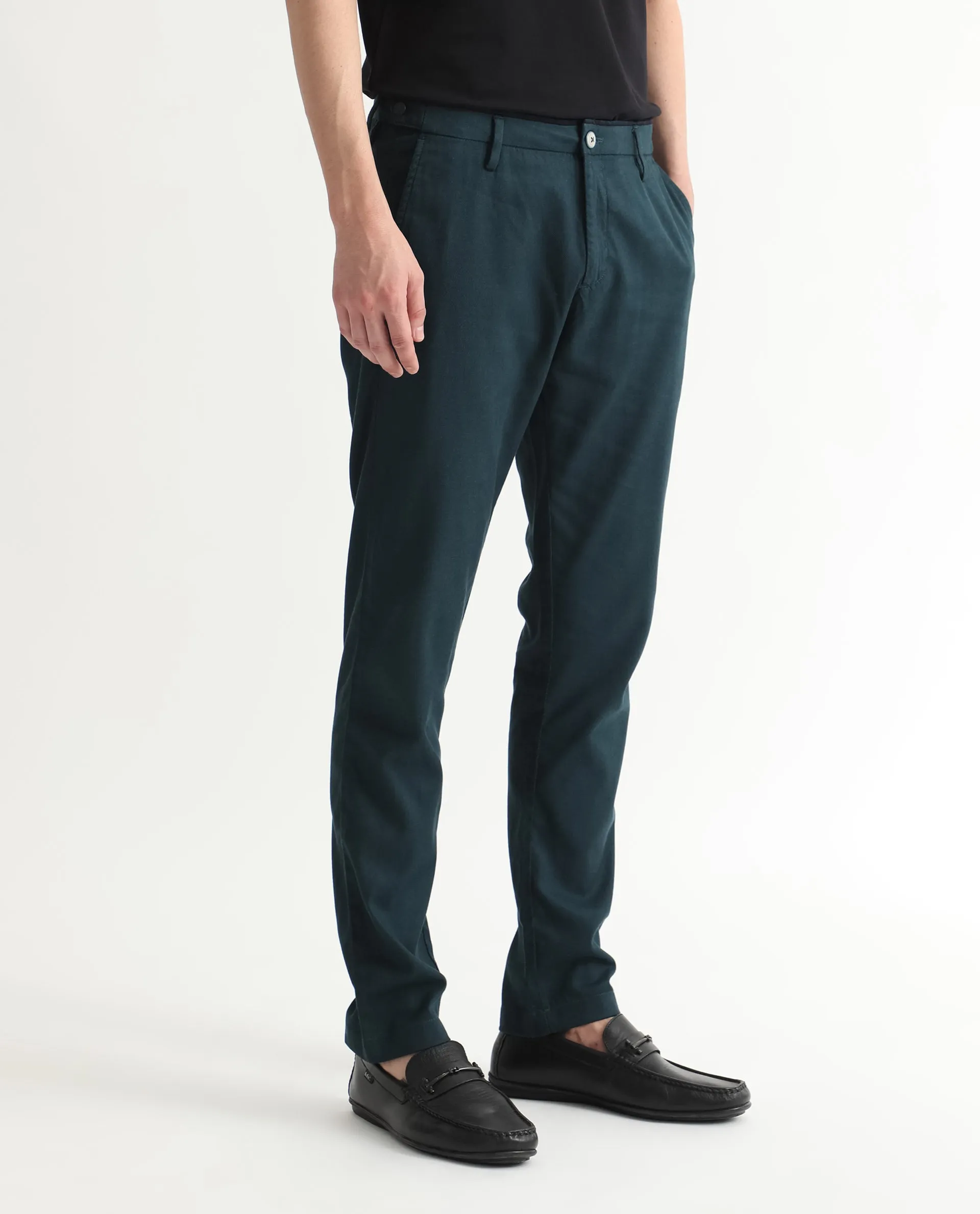 Rare Rabbit Men's Cellular Petrol Solid Mid-Rise Regular Fit Twill Trouser