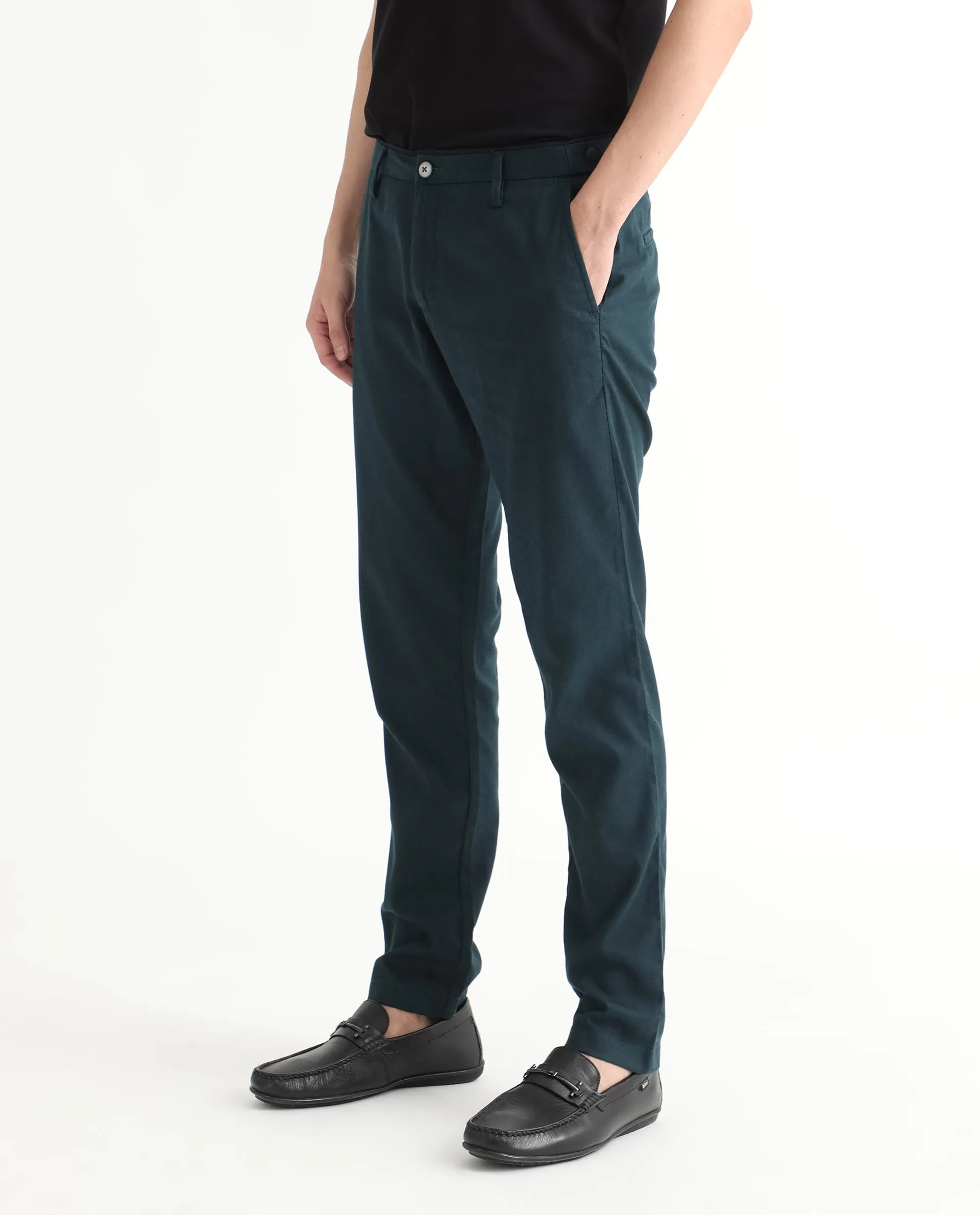 Rare Rabbit Men's Cellular Petrol Solid Mid-Rise Regular Fit Twill Trouser