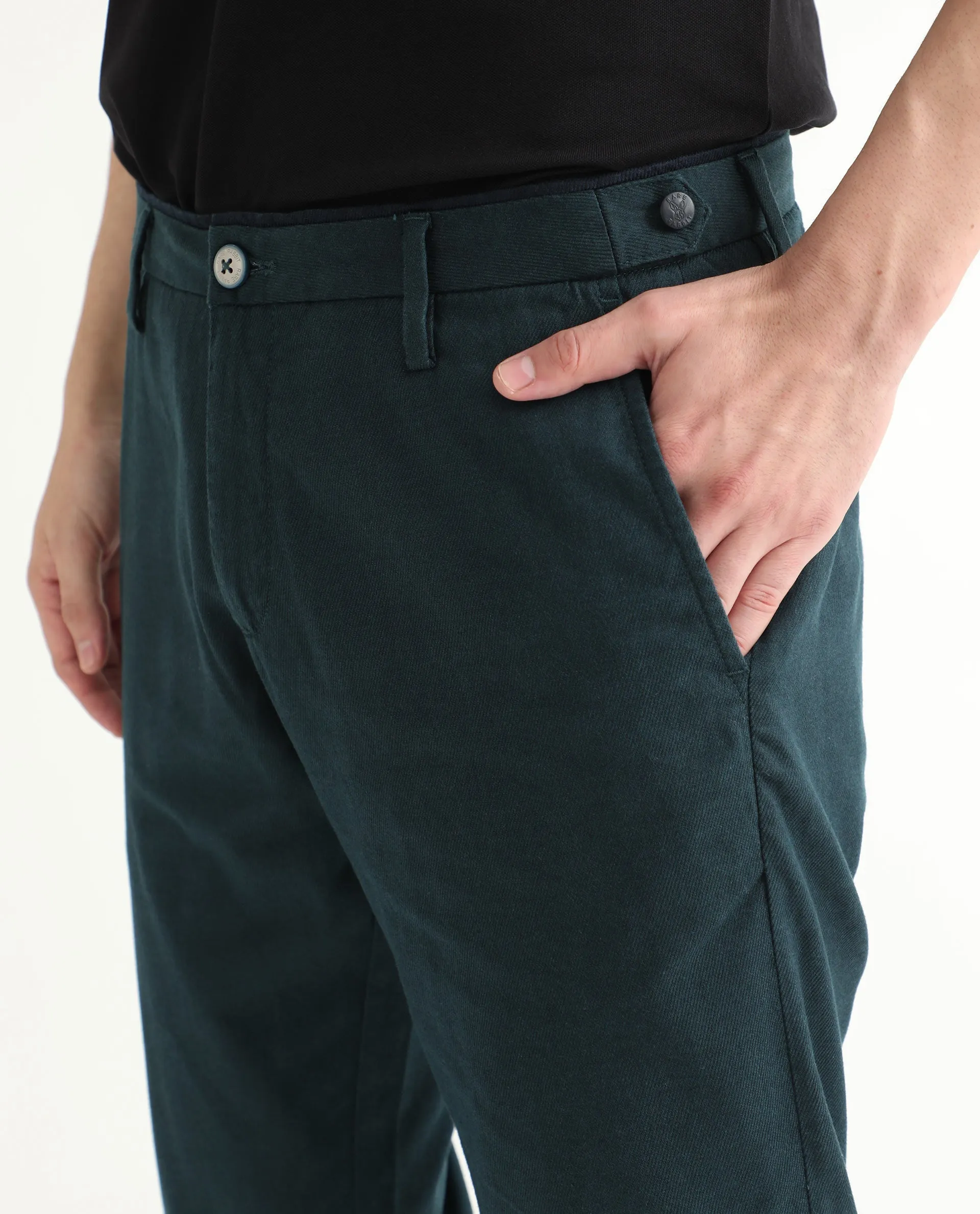 Rare Rabbit Men's Cellular Petrol Solid Mid-Rise Regular Fit Twill Trouser