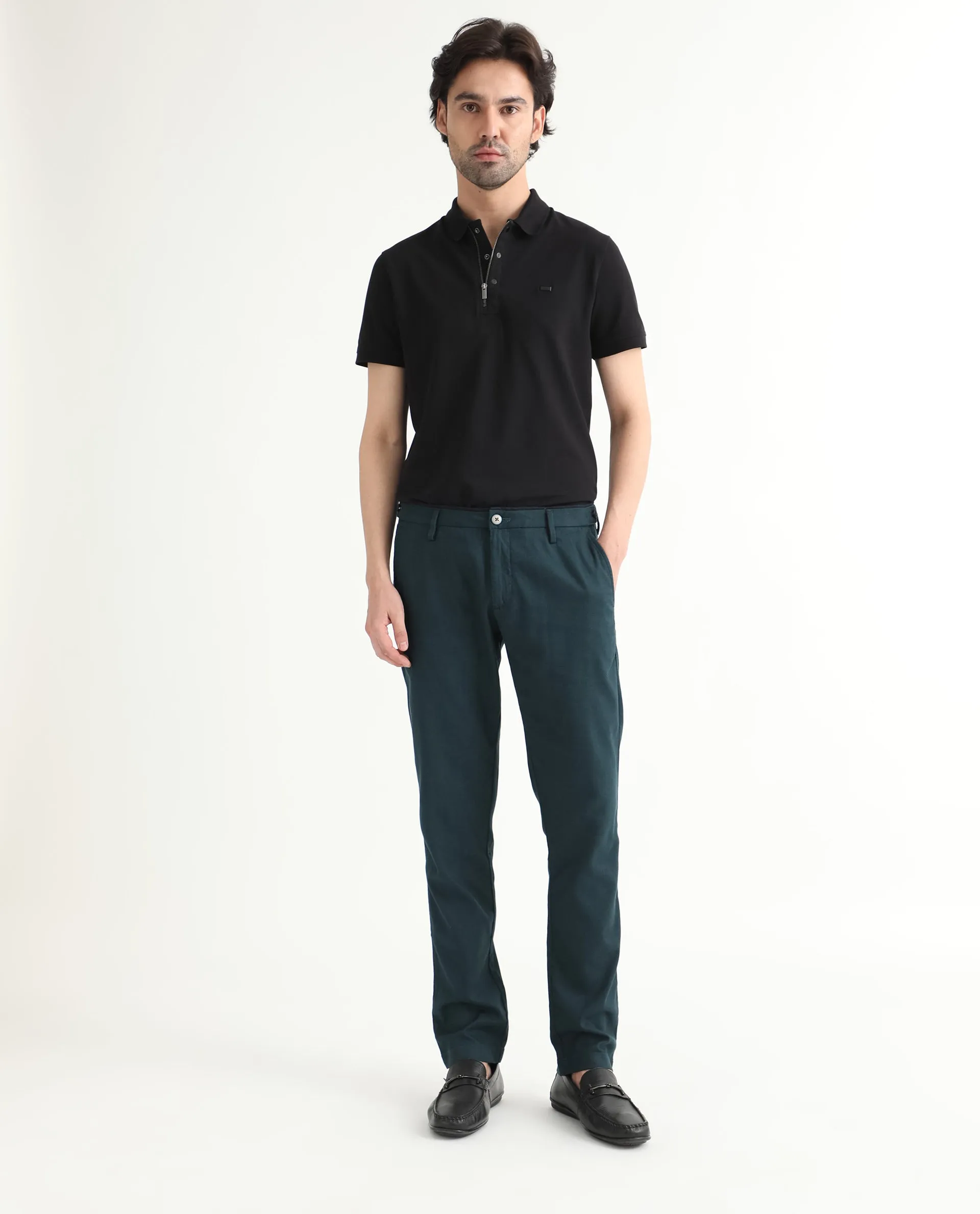 Rare Rabbit Men's Cellular Petrol Solid Mid-Rise Regular Fit Twill Trouser