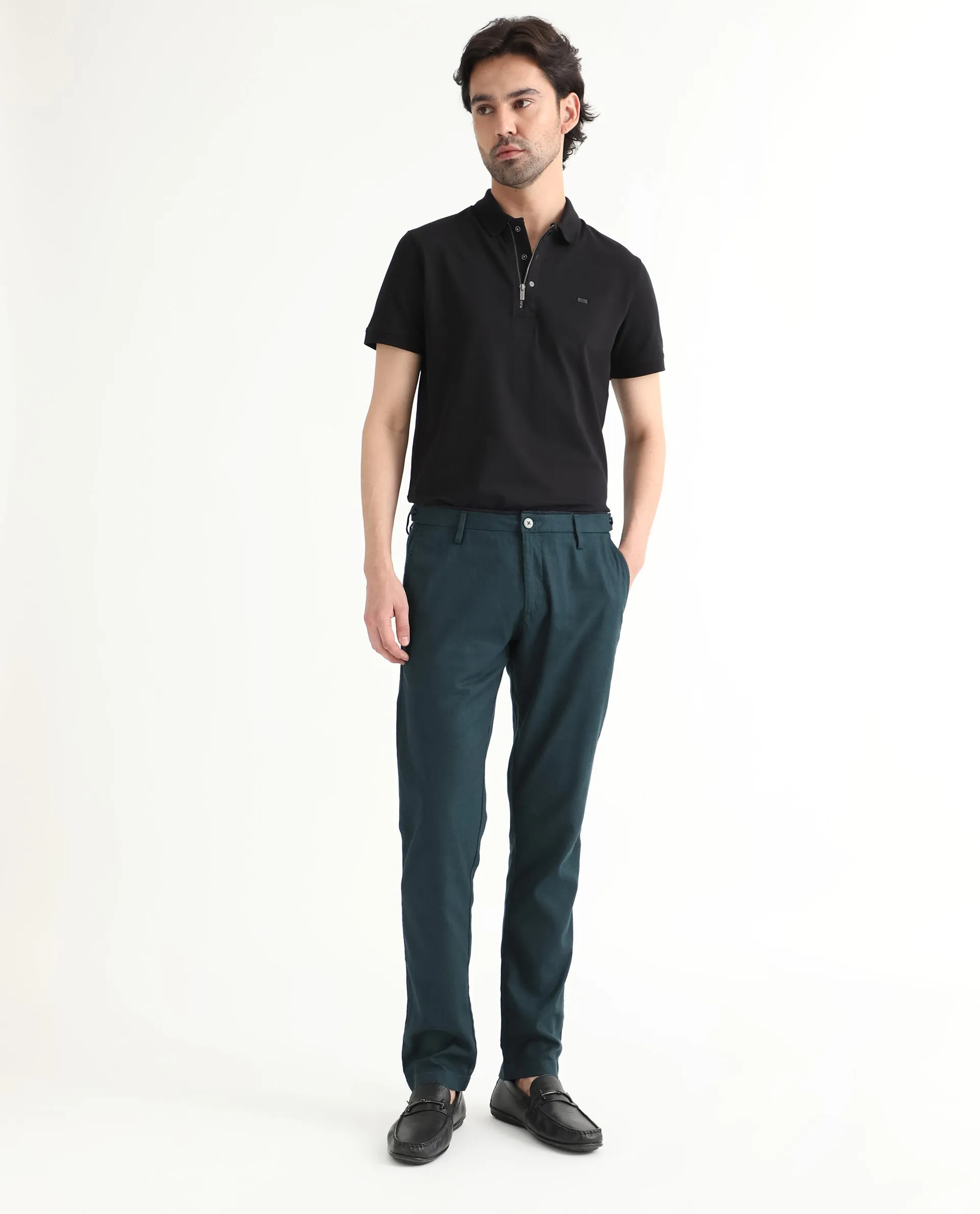 Rare Rabbit Men's Cellular Petrol Solid Mid-Rise Regular Fit Twill Trouser