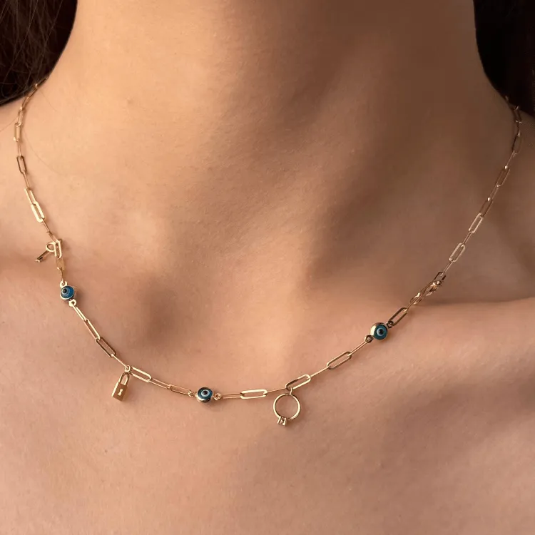 Real Gold Paper Clip Chain Evil Eye Dangler Charms Necklace (40 CM) 0087 N1449