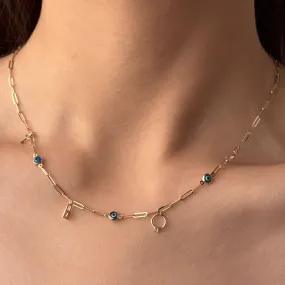Real Gold Paper Clip Chain Evil Eye Dangler Charms Necklace (40 CM) 0087 N1449