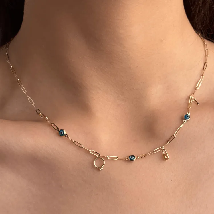 Real Gold Paper Clip Chain Evil Eye Dangler Charms Necklace (40 CM) 0087 N1449