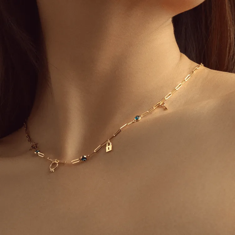 Real Gold Paper Clip Chain Evil Eye Dangler Charms Necklace (40 CM) 0087 N1449
