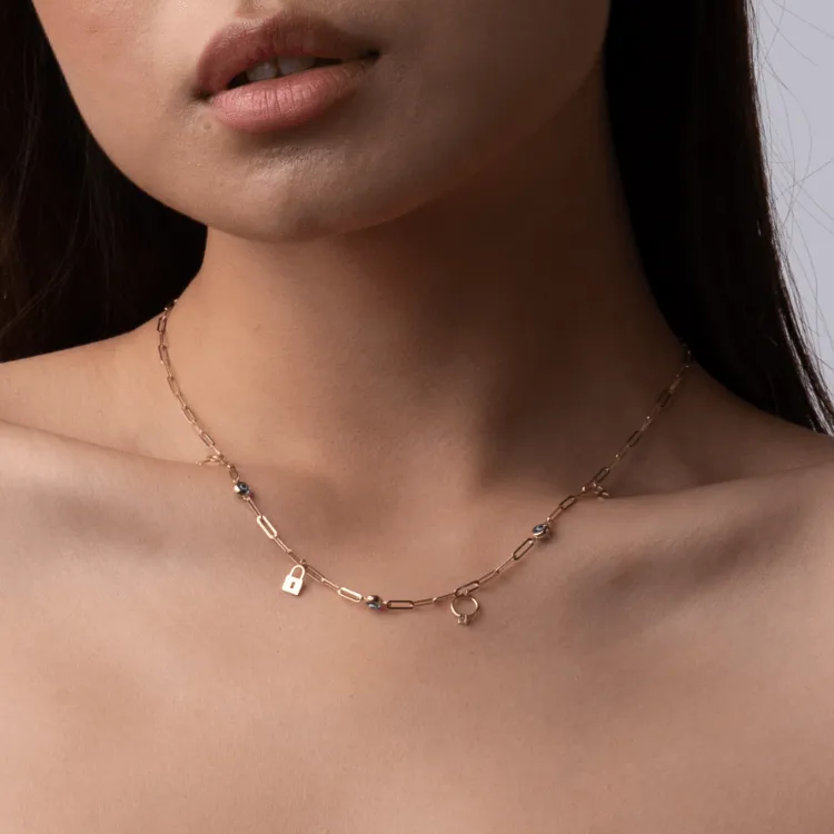 Real Gold Paper Clip Chain Evil Eye Dangler Charms Necklace (40 CM) 0087 N1449