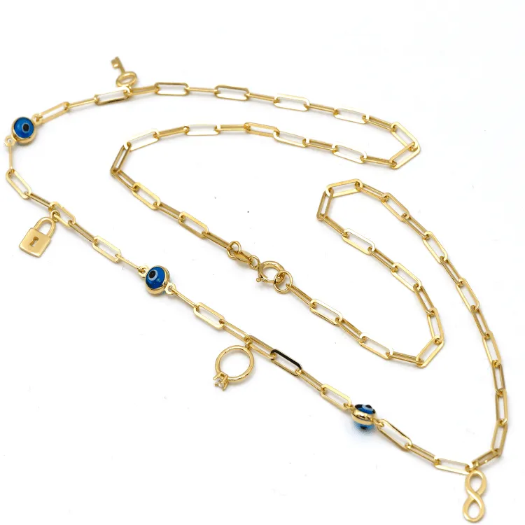 Real Gold Paper Clip Chain Evil Eye Dangler Charms Necklace (40 CM) 0087 N1449