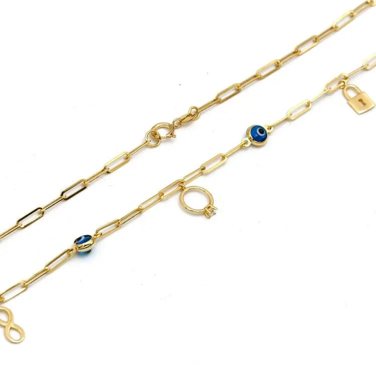 Real Gold Paper Clip Chain Evil Eye Dangler Charms Necklace (45 CM) 0087 N1376