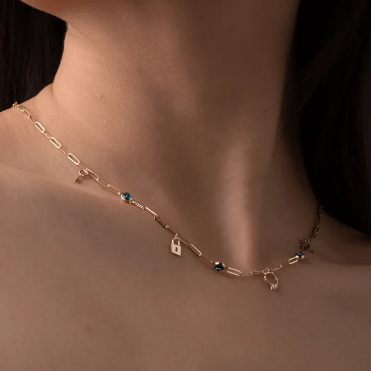 Real Gold Paper Clip Chain Evil Eye Dangler Charms Necklace (45 CM) 0087 N1376