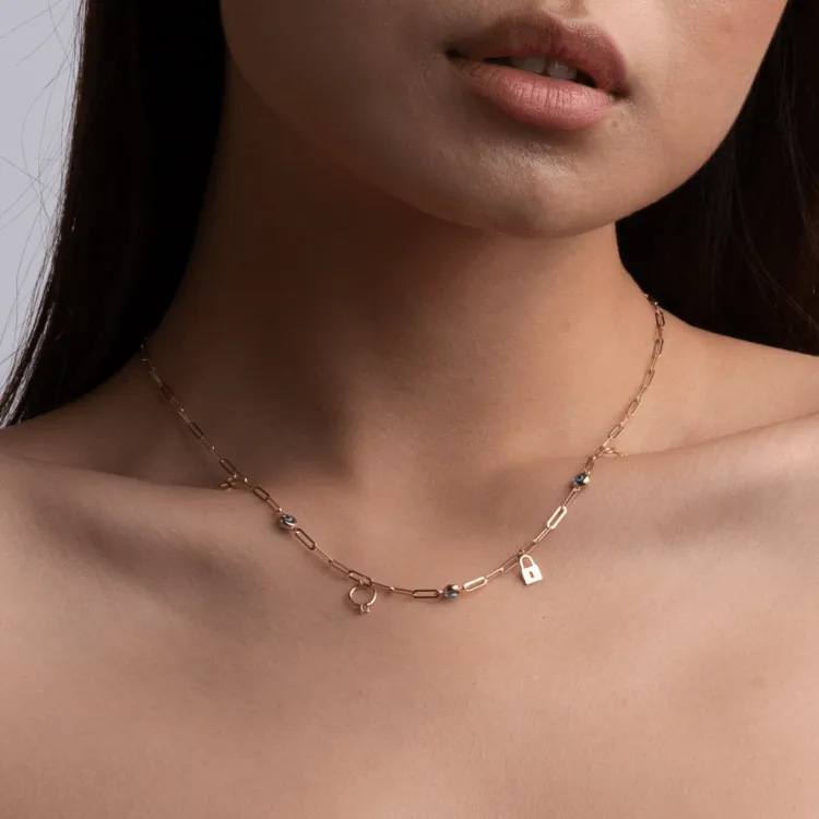 Real Gold Paper Clip Chain Evil Eye Dangler Charms Necklace (45 CM) 0087 N1376