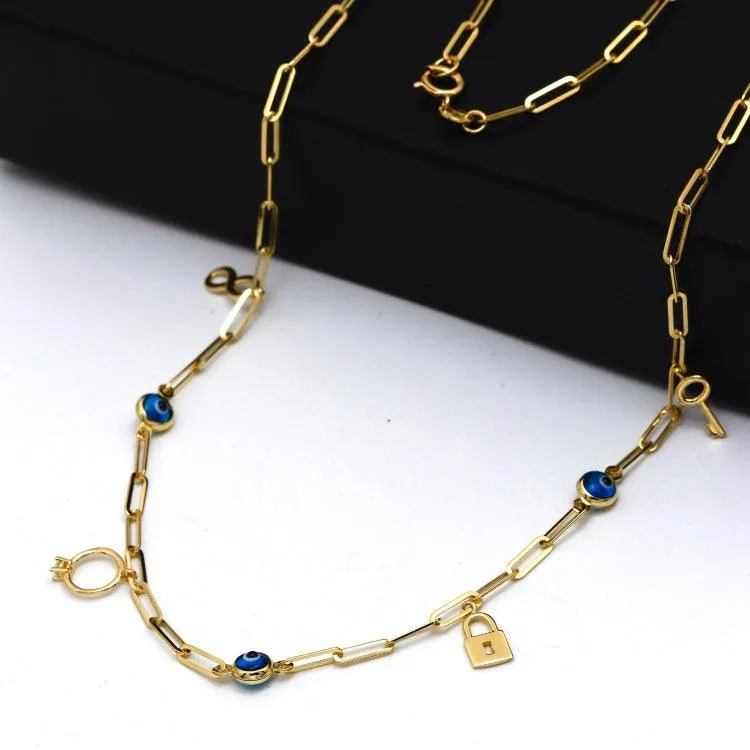 Real Gold Paper Clip Chain Evil Eye Dangler Charms Necklace (45 CM) 0087 N1376