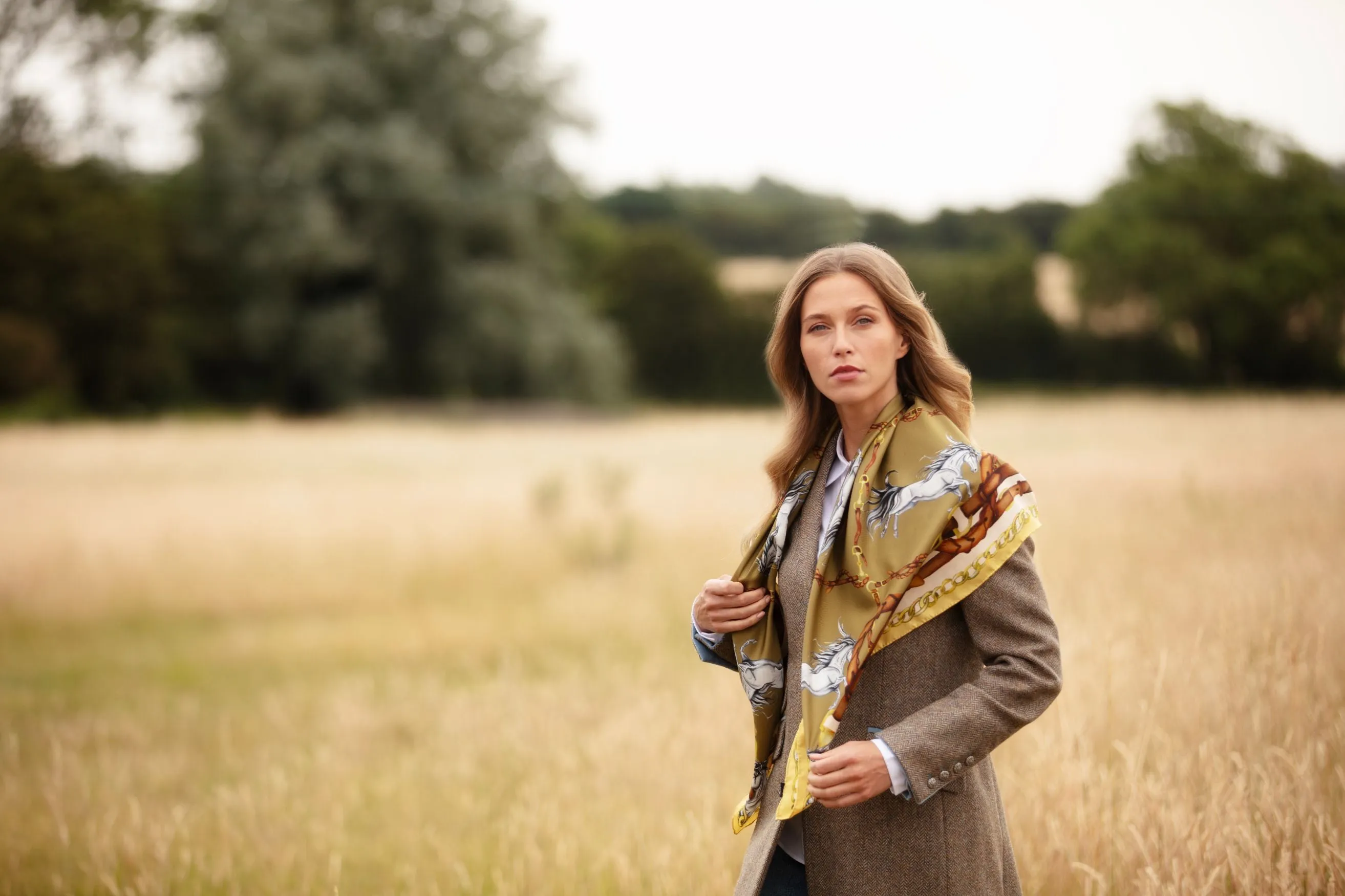 Rearing To Go Olive and Cream Large Square Silk Scarf