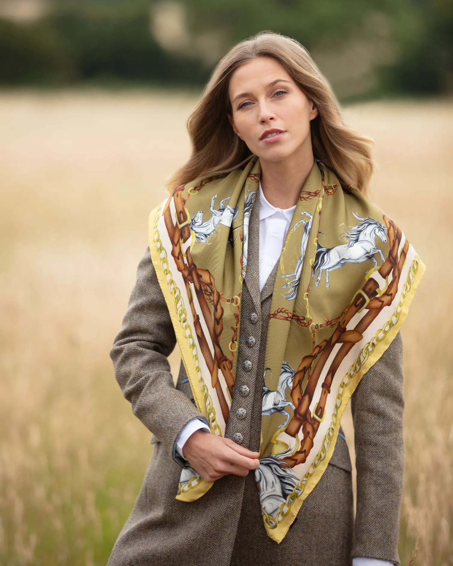 Rearing To Go Olive and Cream Large Square Silk Scarf