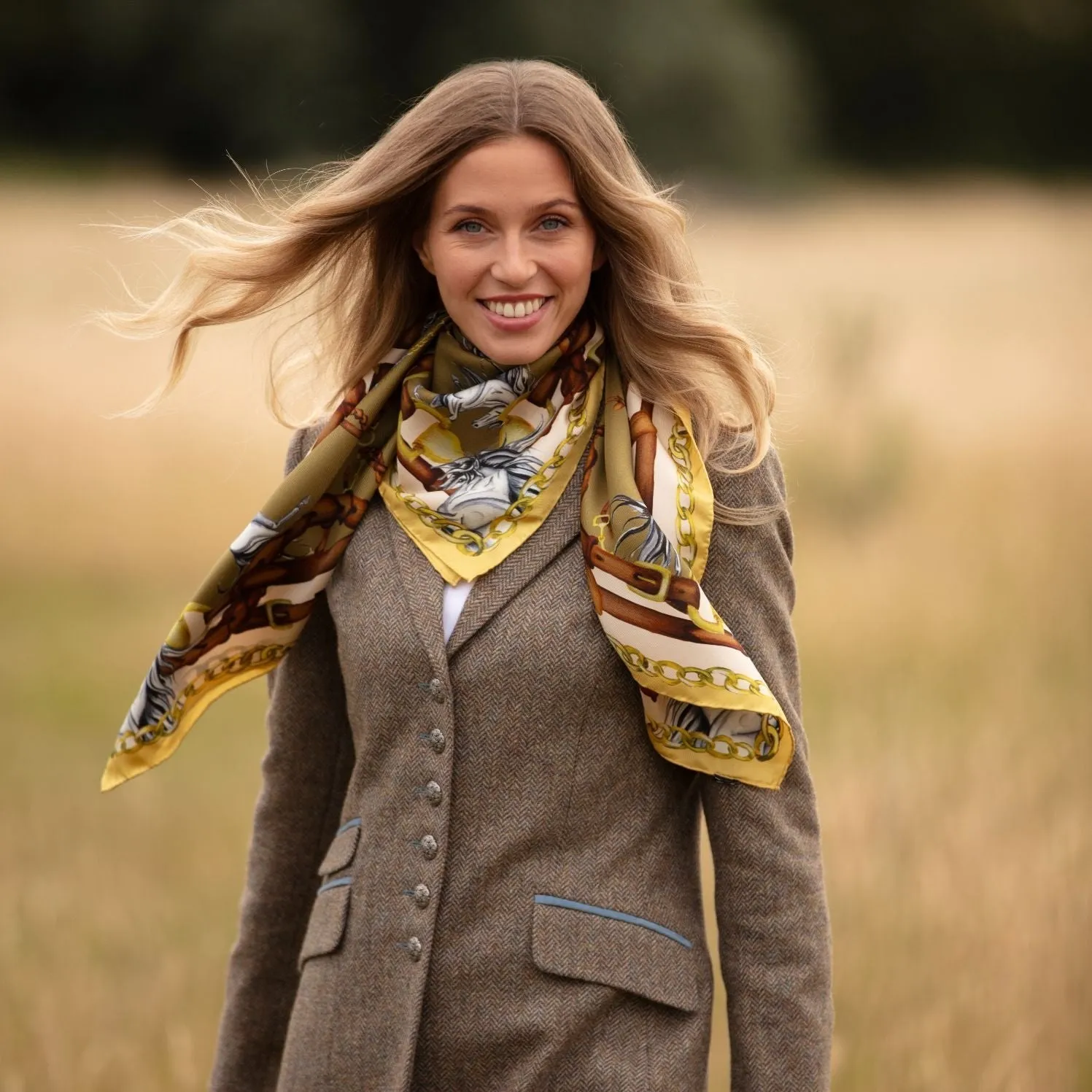 Rearing To Go Olive and Cream Large Square Silk Scarf