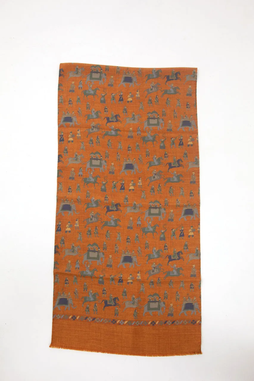 Regent - Lightweight Silk Scarf - Elephants and Warriors - Orange