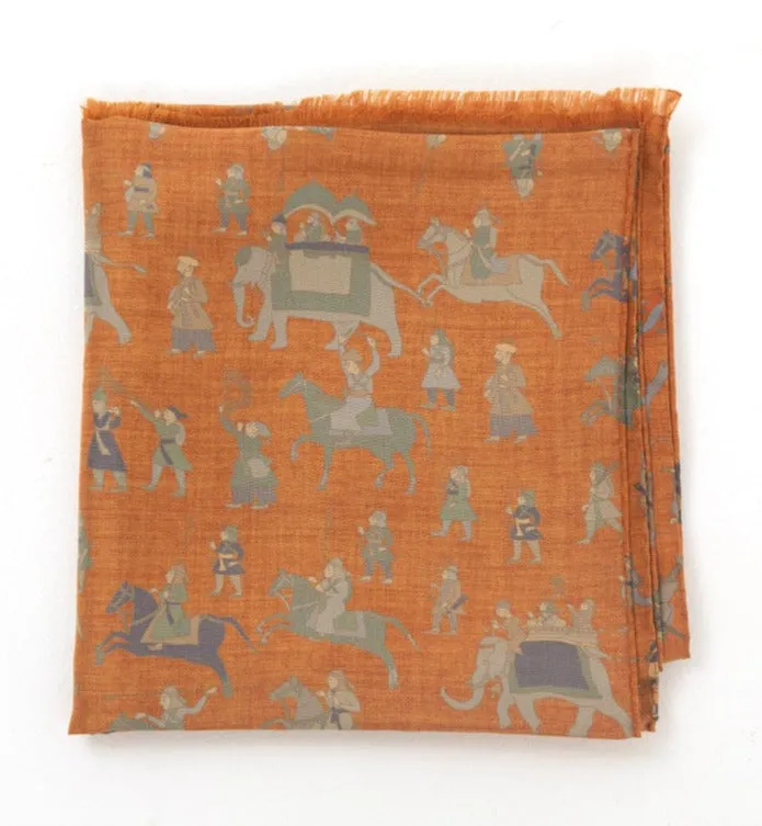 Regent - Lightweight Silk Scarf - Elephants and Warriors - Orange