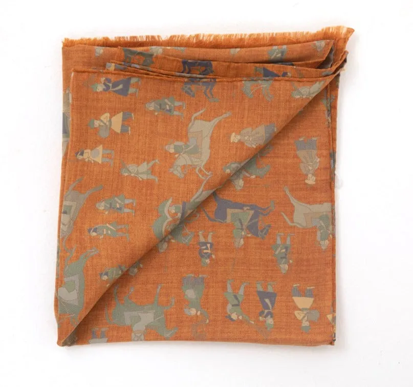 Regent - Lightweight Silk Scarf - Elephants and Warriors - Orange