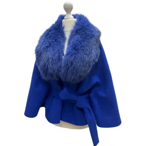 Royal Blue Belted Feminine Overcoat Cape Coat Detachable fox fur collar