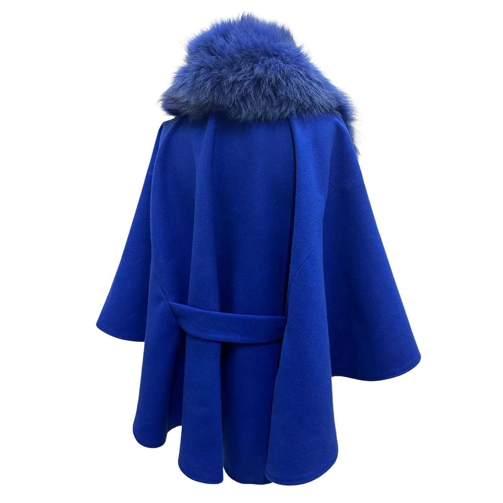 Royal Blue Belted Feminine Overcoat Cape Coat Detachable fox fur collar