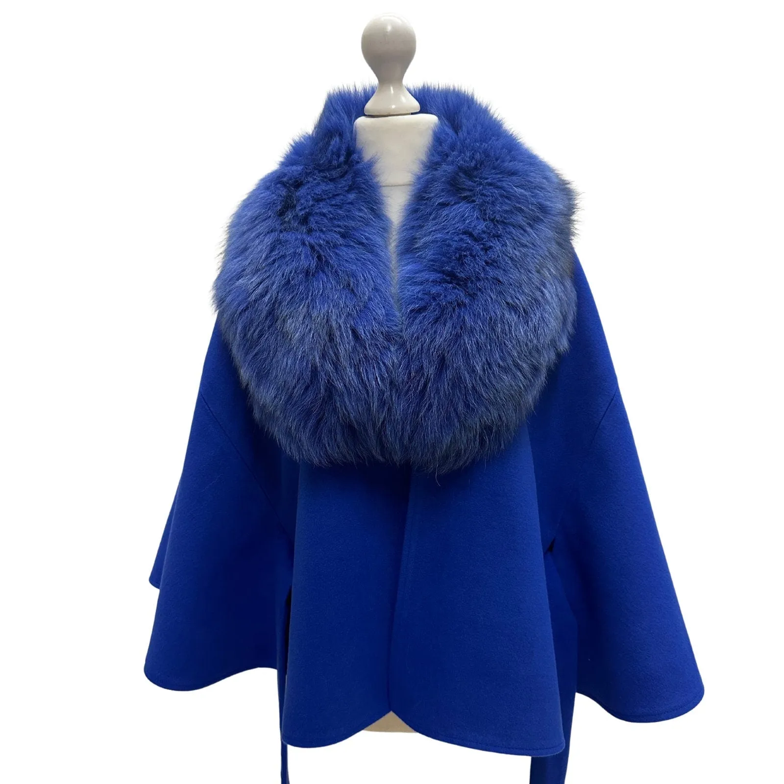Royal Blue Belted Feminine Overcoat Cape Coat Detachable fox fur collar